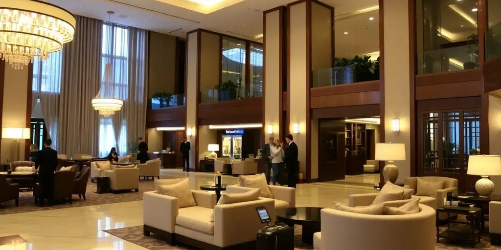 Luxurious hotel lobby with elegant decor and warm lighting.