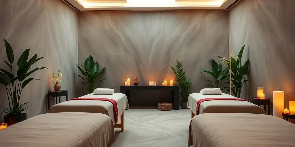 Luxurious spa with massage tables and tranquil atmosphere.
