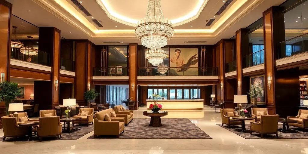 Luxurious hotel lobby with elegant decor and warm lighting.