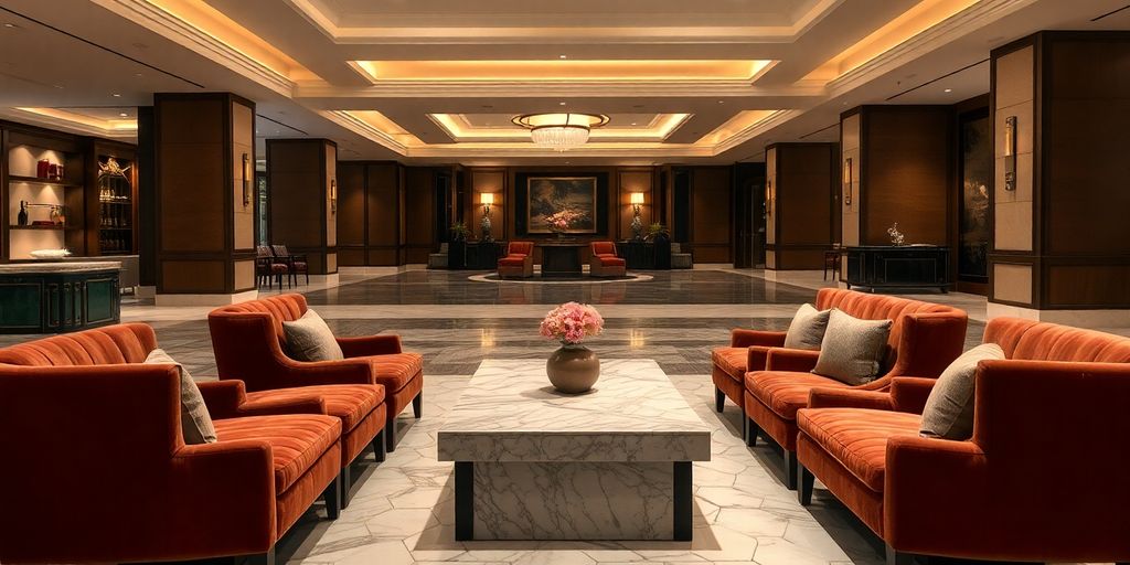 Elegant hotel lobby, plush seating, soft lighting, marble floors.