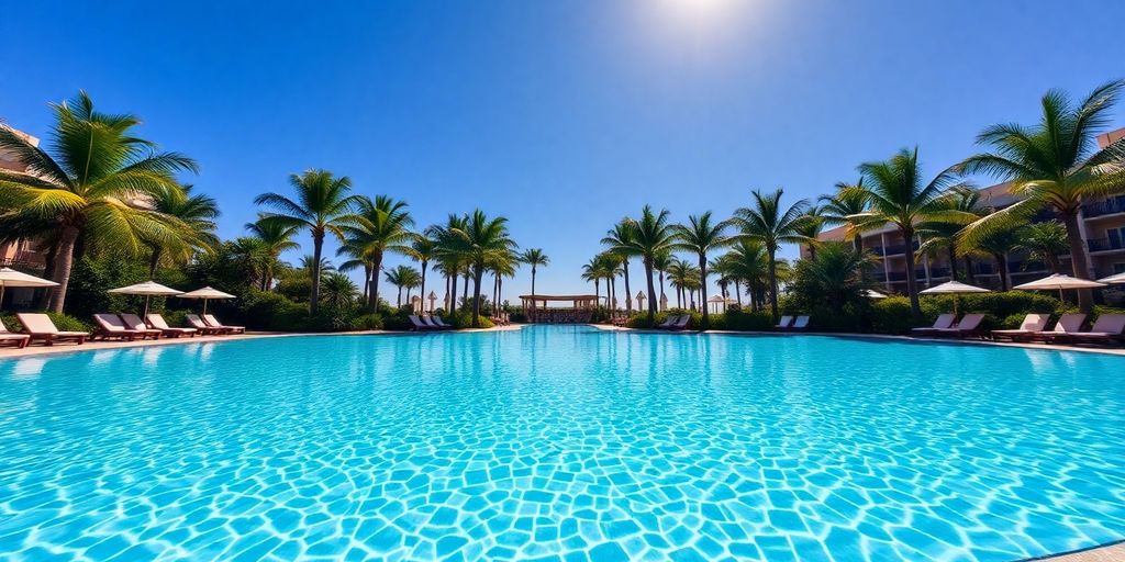 Luxury resort pool, turquoise water, palm trees, blue sky.