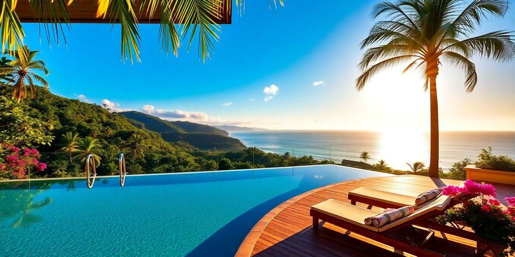 Infinity pool with loungers overlooking rainforest and golden ocean sunset.