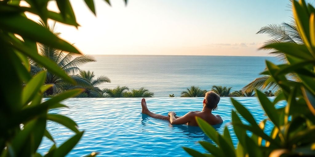 Woman relaxing by resort pool