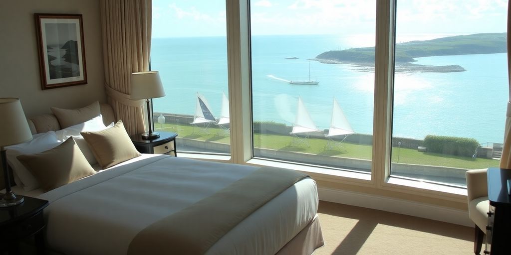 Luxury coastal UK hotel with sea view.