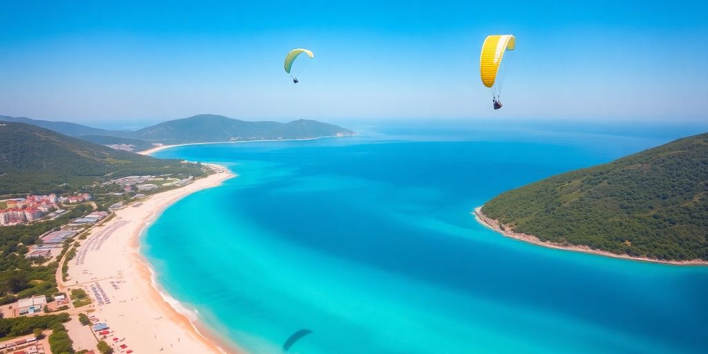 Aerial view of Oludeniz beaches with sunbathers and paragliders.