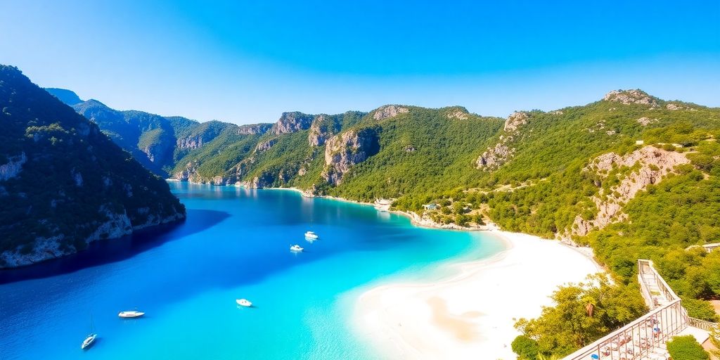 Azure lagoon, sandy beach, lush green hills, clear sky.