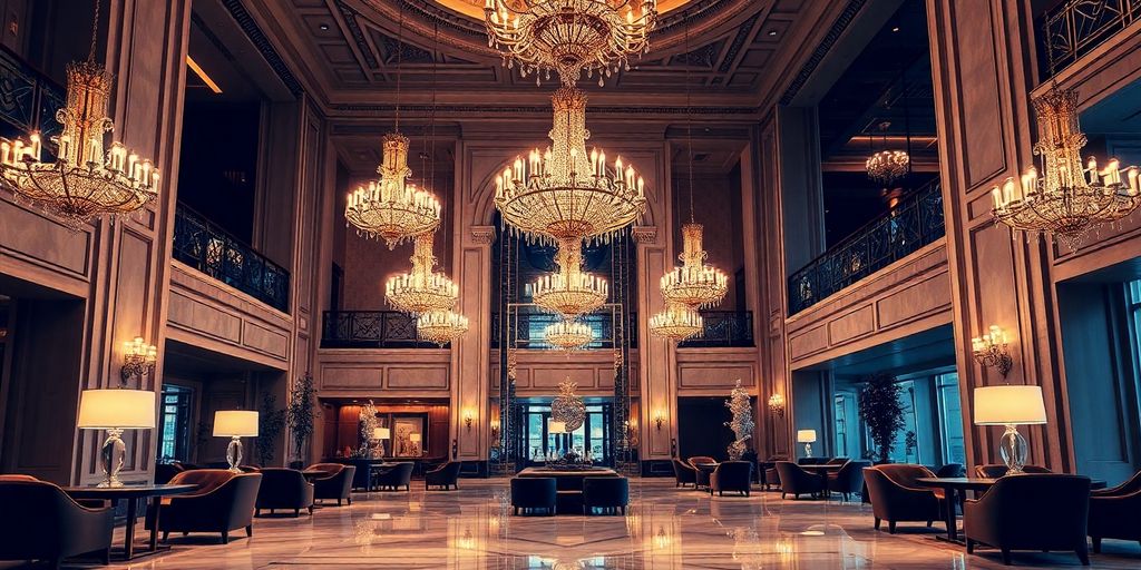 Elegant 5-star hotel lobby with chandeliers, marble, and velvet.